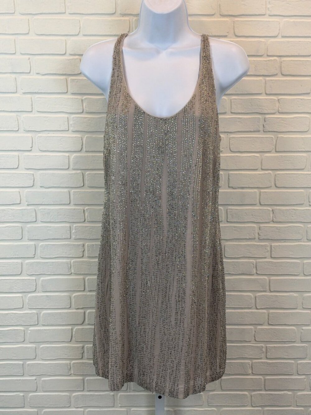Halston Heritage Beaded Shift Dress Taupe Silver Sleeveless 4